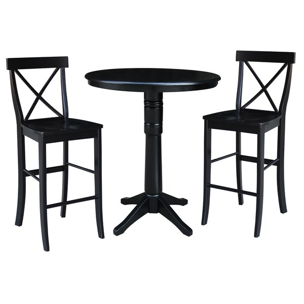 International Concepts Round 36 in Rd Pedestal Bar Height Table, 2 X-Back Bar Height Stools, Black, 36 in W, 36 in L, Wood K46-36RT-27B-S6133-2 - main